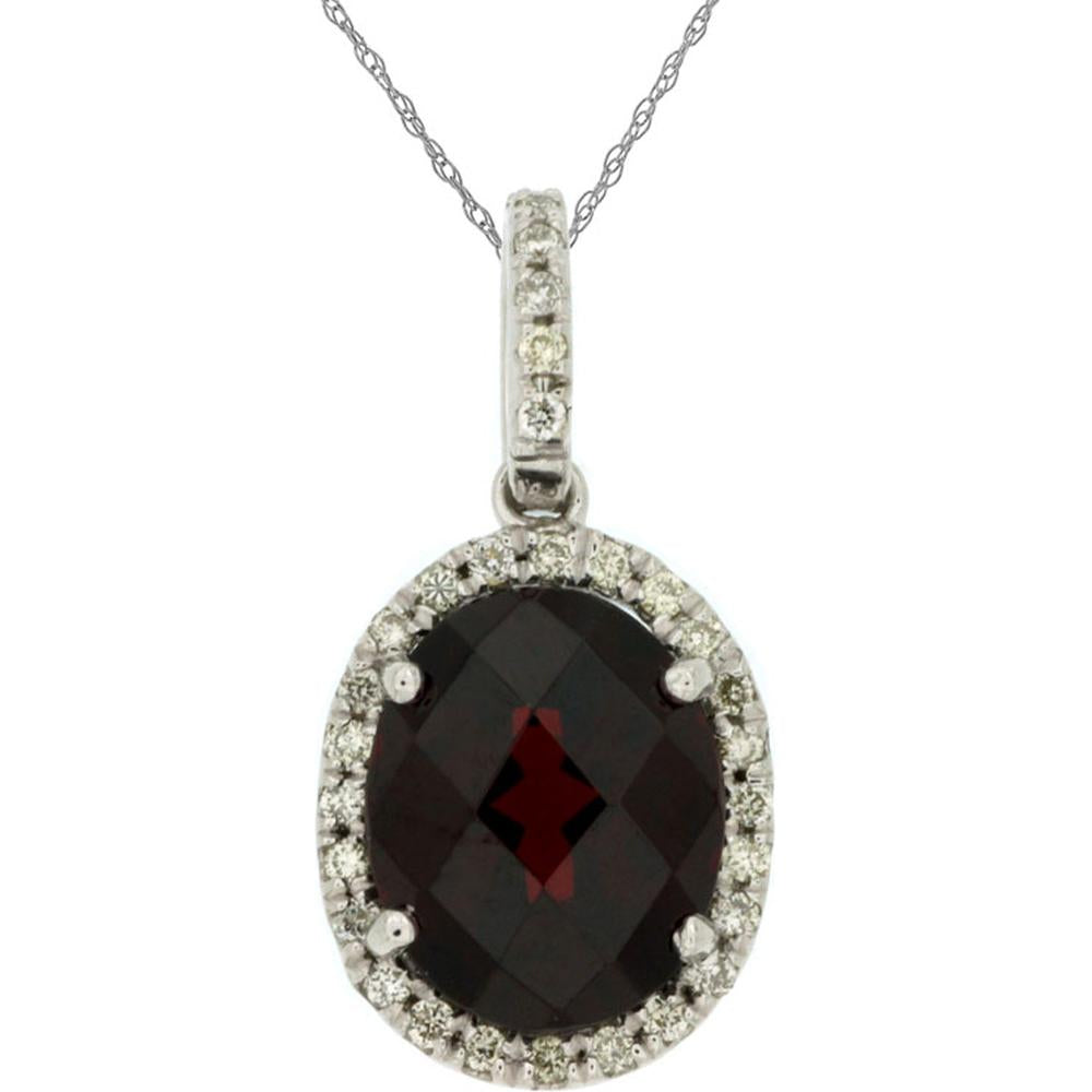 14K White Gold Garnet Pendant with Diamond Halo - 3.00 Carats Garnet, 0.18 Carats Diamond