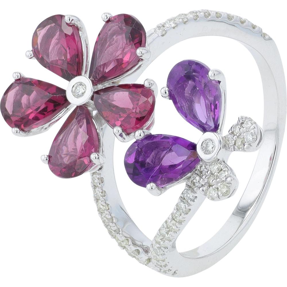 14K White Gold Gemstone Butterfly Bypass Ring with Amethyst & Rhodolite - 3.00 Carat Total Gemstone Weight, 0.26 Carat Total Diamond Weight