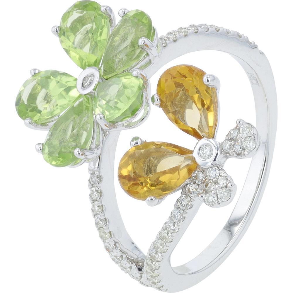 14K White Gold Gemstone Butterfly Bypass Ring with Peridot & Citrine - 3.00 Carat Total Gemstone Weight, 0.26 Carat Total Diamond Weight