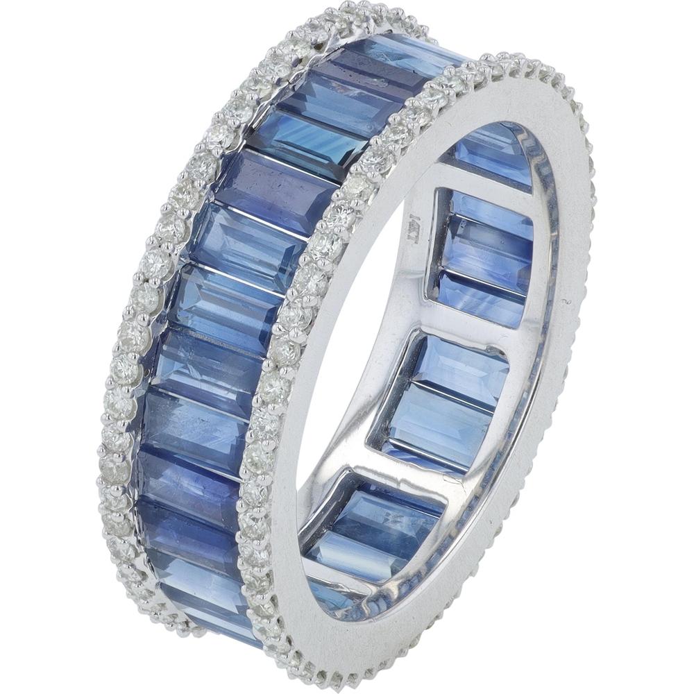 14K White Gold Gemstone Channel Set Eternity Band with Sapphire and Diamond Accents - 4.10-4.65 Carat Sapphire, 0.75 Carat Total Diamond Weight