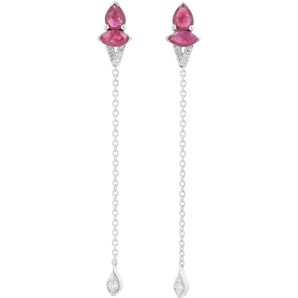 14K White Gold Gemstone Drop Earrings with Ruby and Diamond Accents - 1.5 Carat Total Ruby Weight, 0.15 Carat Total Diamond Weight