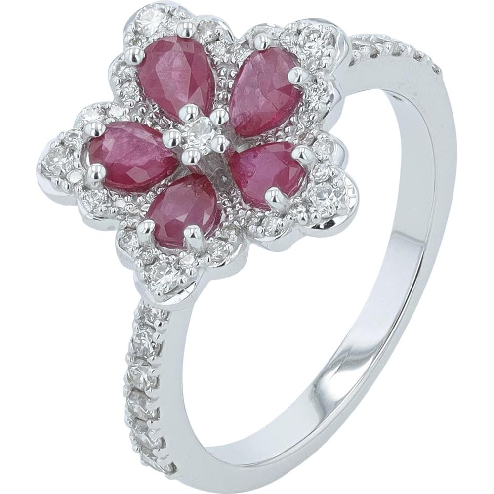 14K White Gold Gemstone Flower Ring with Ruby and Diamond Accents - 0.60 Carat Total Diamond Weight
