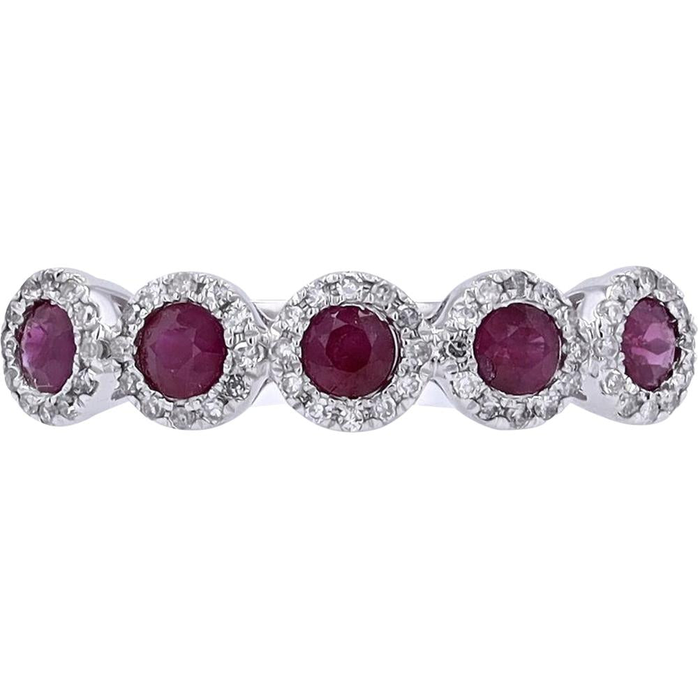 14K White Gold Gemstone Halo Stackable Band with Round Rubies and Diamonds - 0.70 Carat Ruby, 0.13 Carat Diamond Total Weight