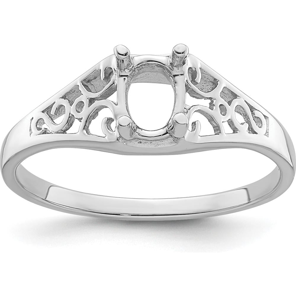 14K White Gold Gemstone Ring Mounting for 6x4mm Oval Stone - Rhodium Plated Polished Finish by Monteluci Fine Jewelry