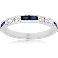 14K White Gold Geometric Band with 0.47 Carat Sapphires and 0.35 Carat Round Diamonds - Milgrain Detail - Royal Jewelry