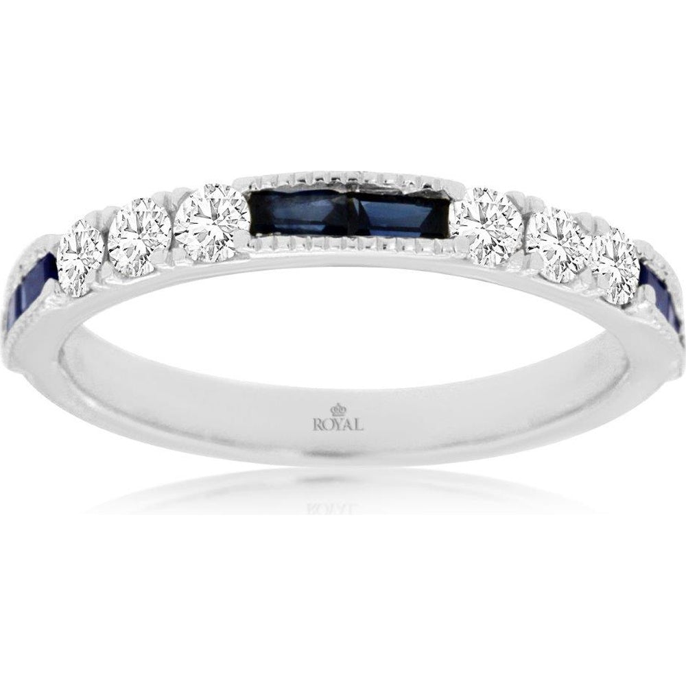 14K White Gold Geometric Band with 0.47 Carat Sapphires and 0.35 Carat Round Diamonds - Milgrain Detail - Royal Jewelry