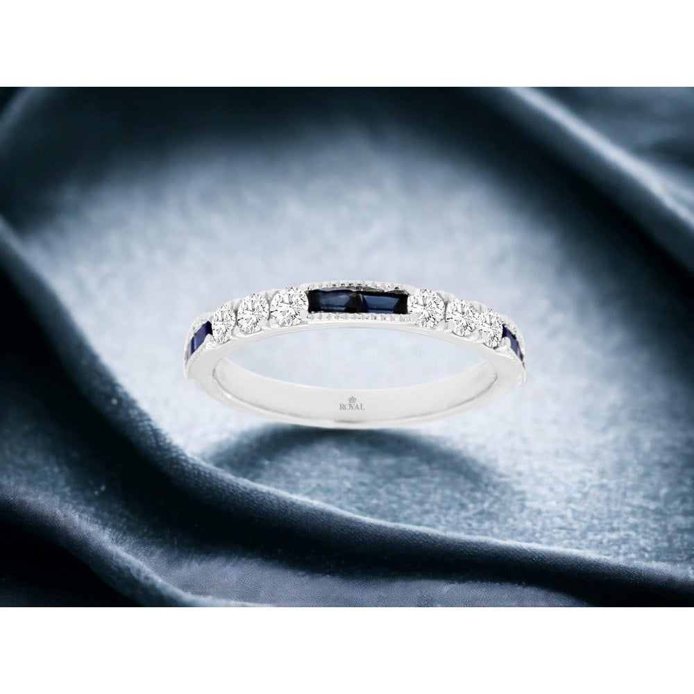 14K White Gold Geometric Band with 0.47 Carat Sapphires and 0.35 Carat Round Diamonds - Milgrain Detail - Royal Jewelry