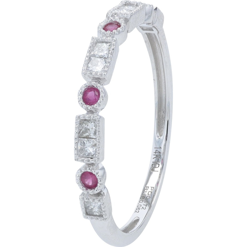 14K White Gold Geometric Band with Alternating Round Rubies and Square Diamonds - 0.10 Carat Ruby and 0.18 Carat Diamond Total Weight