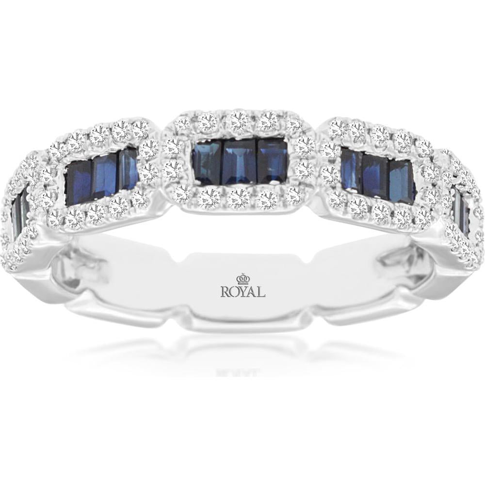 14K White Gold Geometric Band with Baguette Sapphires and Diamond Halos - 0.90 Carat Sapphires, 0.37 Carat Diamonds - Royal Jewelry