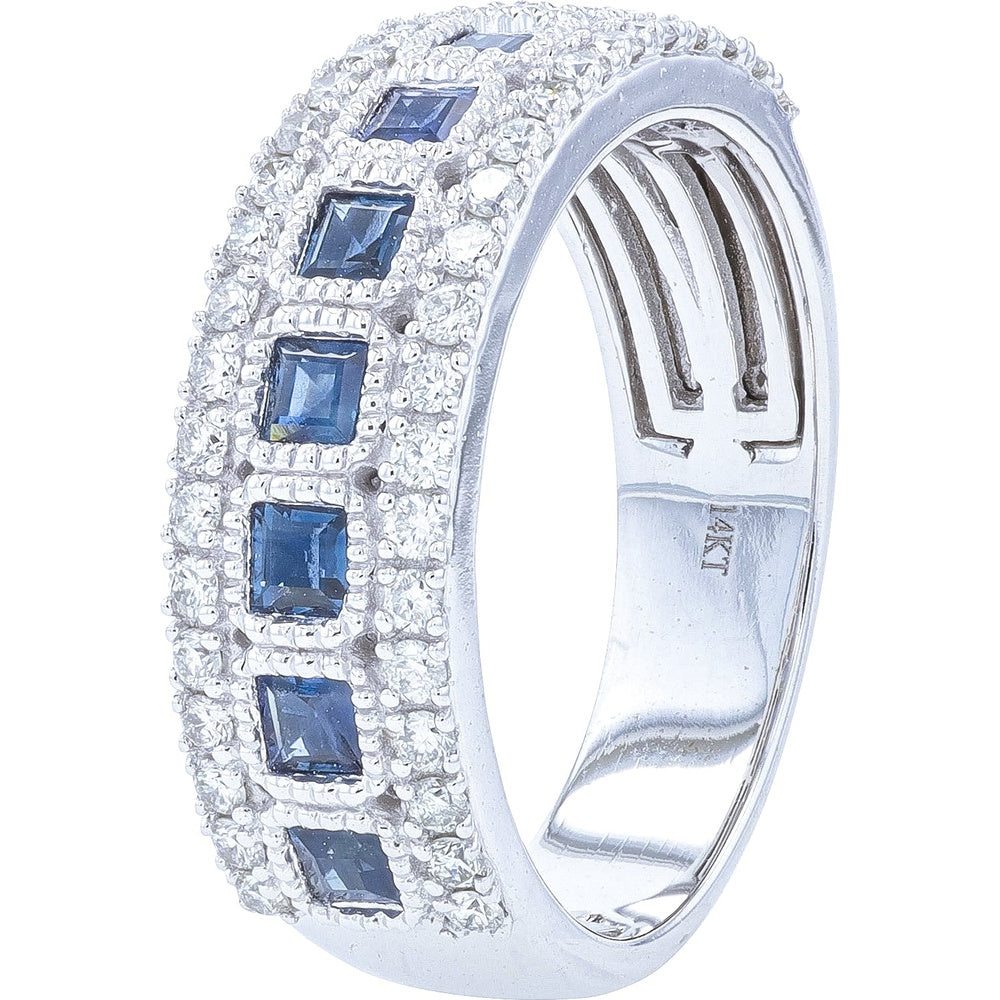 14K White Gold Geometric Band with Square-Cut Blue Sapphires and Diamond Halo Accents - 0.90 Carat Sapphire and 0.45 Carat Diamond Total Weight