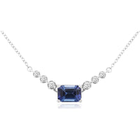 14K White Gold Geometric Bar Necklace with Bezel-Set Round Diamonds and 4-Prong Step-Cut Tanzanite Center - 1.15 Carat Tanzanite and 0.14 Carat Total Diamond Weight - Royal Jewelry