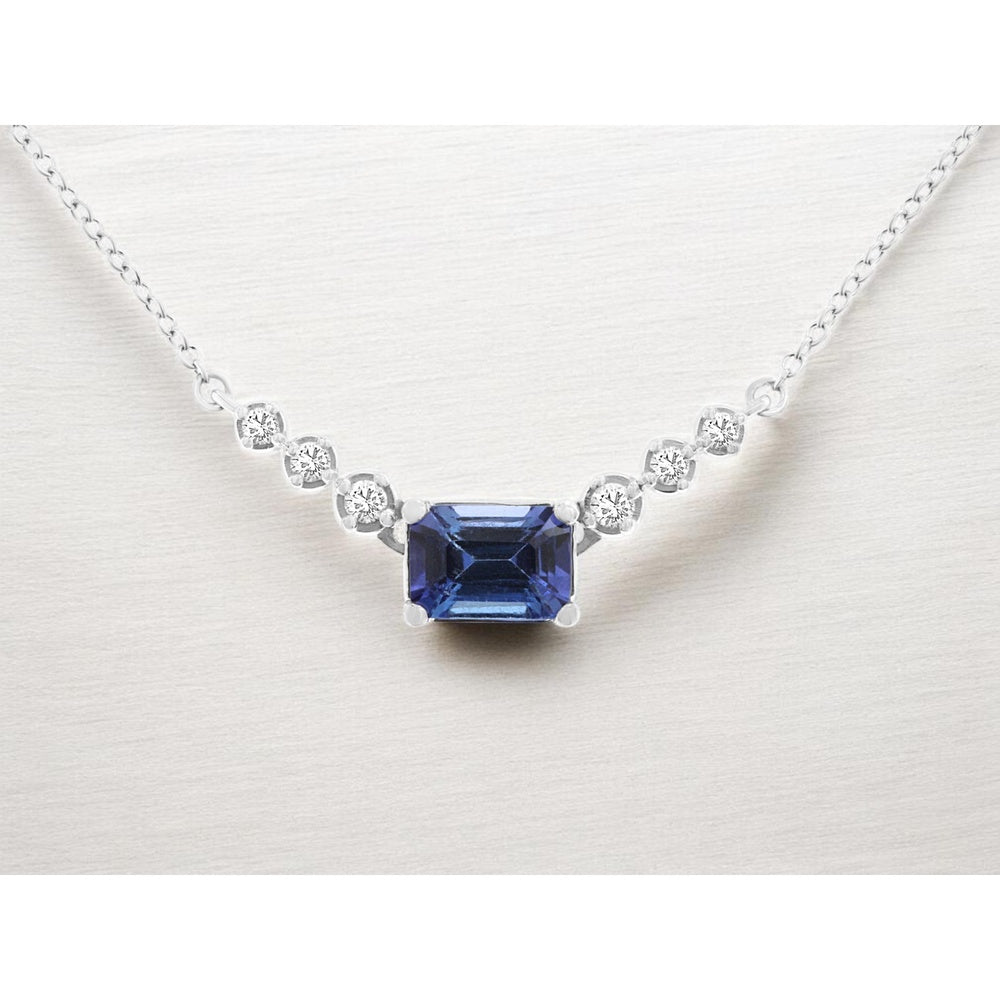 14K White Gold Geometric Bar Necklace with Bezel-Set Round Diamonds and 4-Prong Step-Cut Tanzanite Center - 1.15 Carat Tanzanite and 0.14 Carat Total Diamond Weight - Royal Jewelry