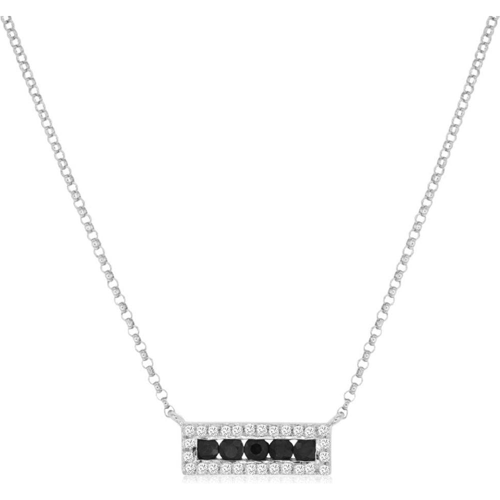 14K White Gold Geometric Bar Pendant Necklace with Black Sapphire and Diamond Halo - 0.25 Carat Sapphire and 0.08 Carat Diamond Total Weight - Royal Jewelry