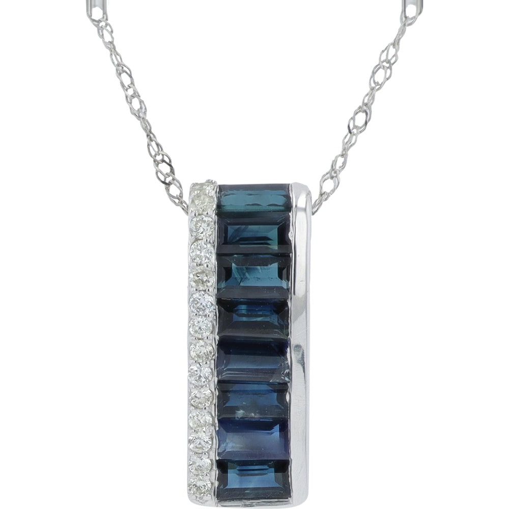 14K White Gold Geometric Bar Pendant with Baguette Sapphires and Round Diamond Accents - 1.40 Carat Total Sapphire Weight and 0.10 Carat Total Diamond Weight