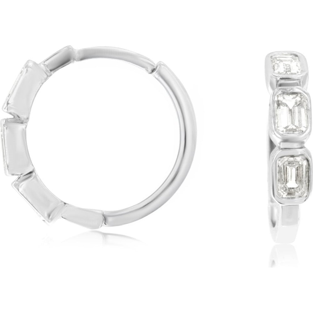 14K White Gold Geometric Bezel-Set Emerald Cut Diamond Hoop Earrings - 0.52 Carat Total Diamond Weight - Royal Jewelry