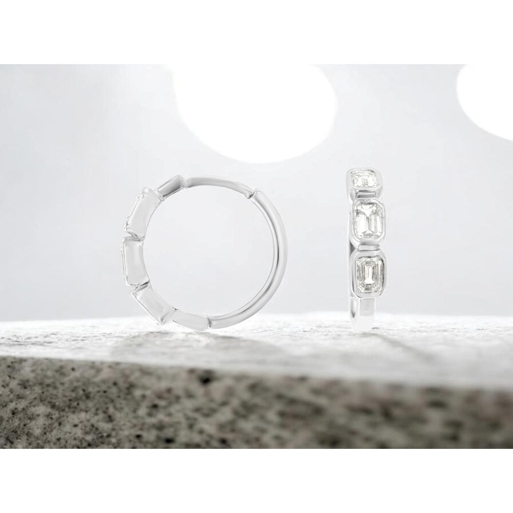 14K White Gold Geometric Bezel-Set Emerald Cut Diamond Hoop Earrings - 0.52 Carat Total Diamond Weight - Royal Jewelry