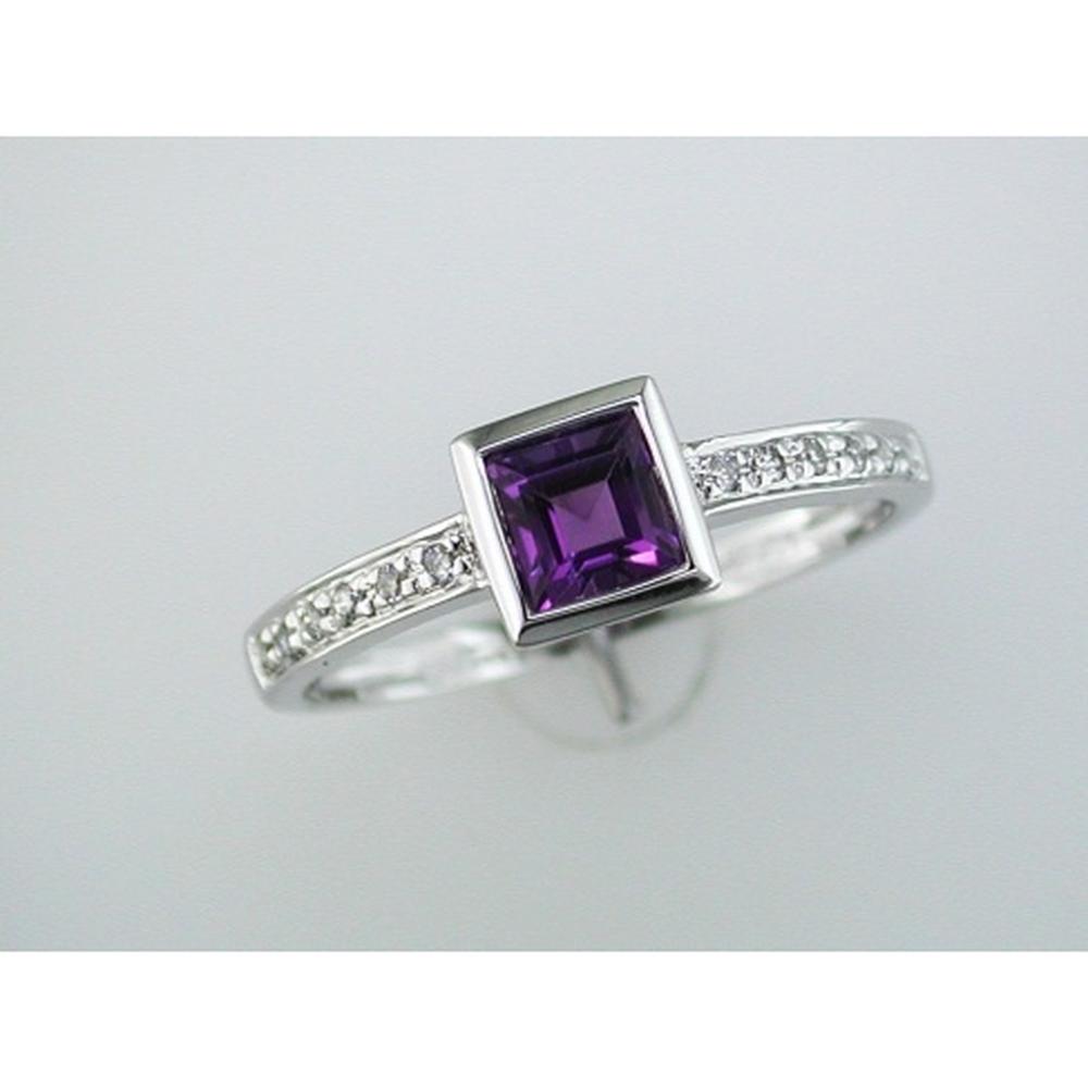 14K White Gold Geometric Bezel-Set Ring with Princess Cut Amethyst and Round Diamond Accents - 0.42 Carat Amethyst, 0.06 Carat Diamond Total Weight - Royal Jewelry