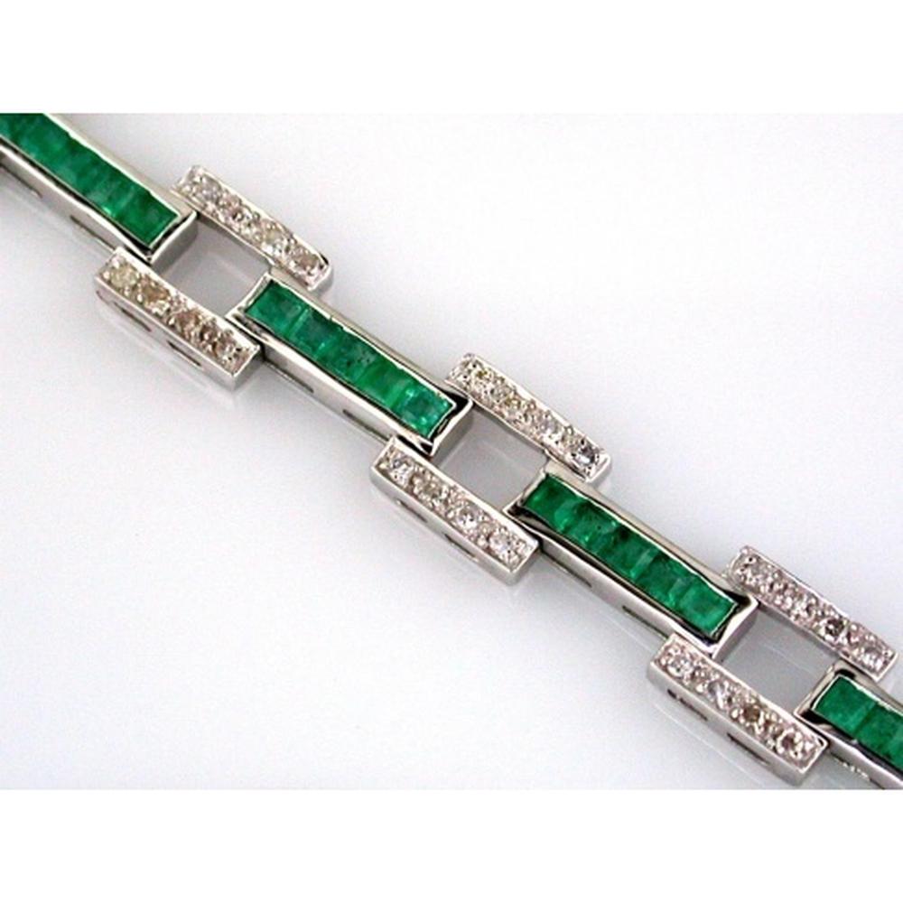 14K White Gold Geometric Bracelet with Princess Cut Emeralds and Round Diamonds - 3.00 Carat Total Emerald Weight and 0.58 Carat Total Diamond Weight - Royal Jewelry