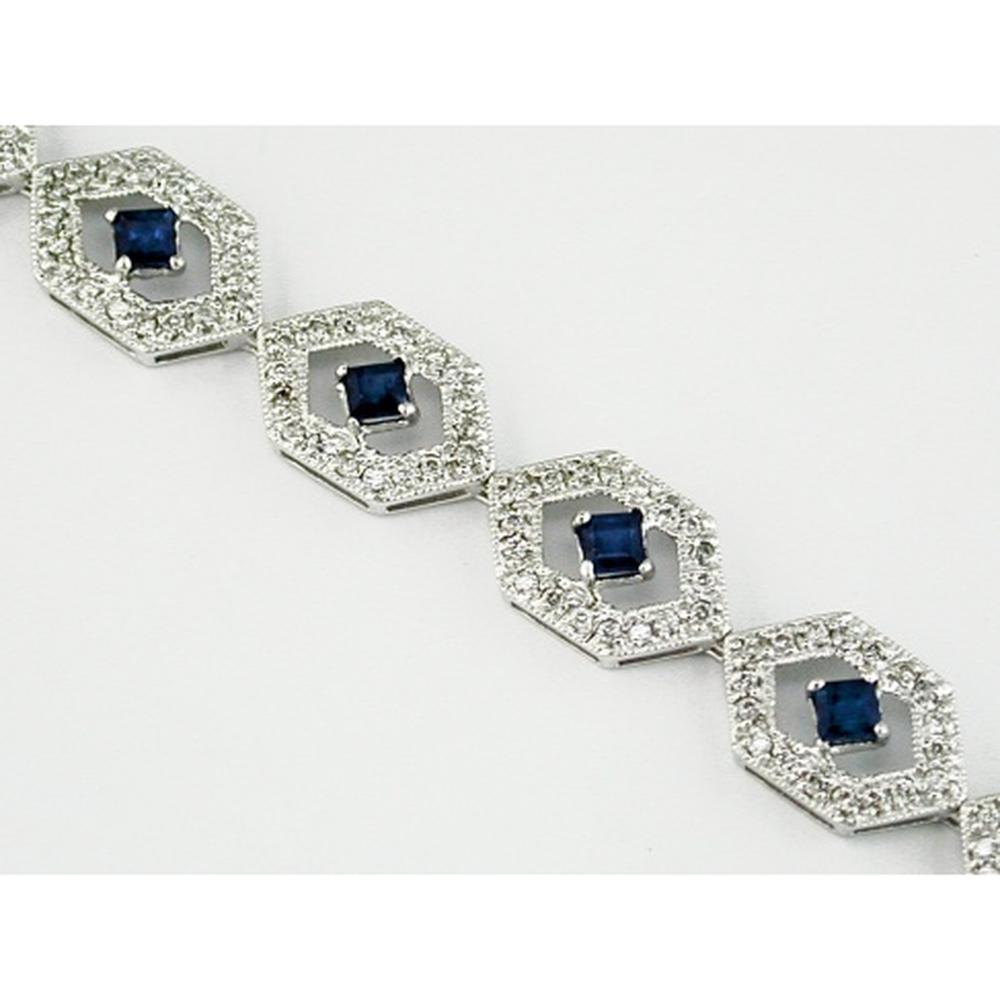 14K White Gold Geometric Bracelet with Princess Cut Sapphires and Round Diamonds - 1.90 Carat Total Sapphire Weight and 1.15 Carat Total Diamond Weight - Royal Jewelry