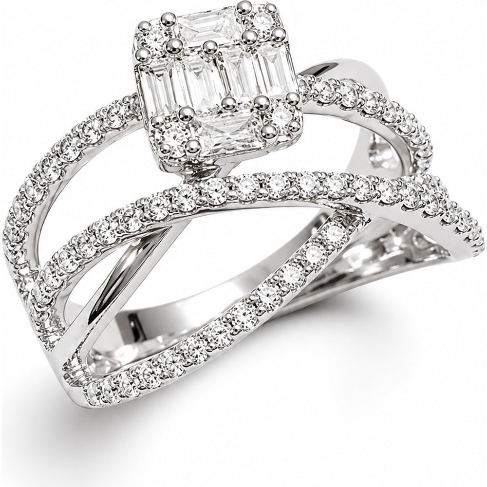 14K White Gold Geometric Cluster Fashion Ring with Baguette and Round Diamonds - 0.71 Carat Total Diamond Weight by Auriventus