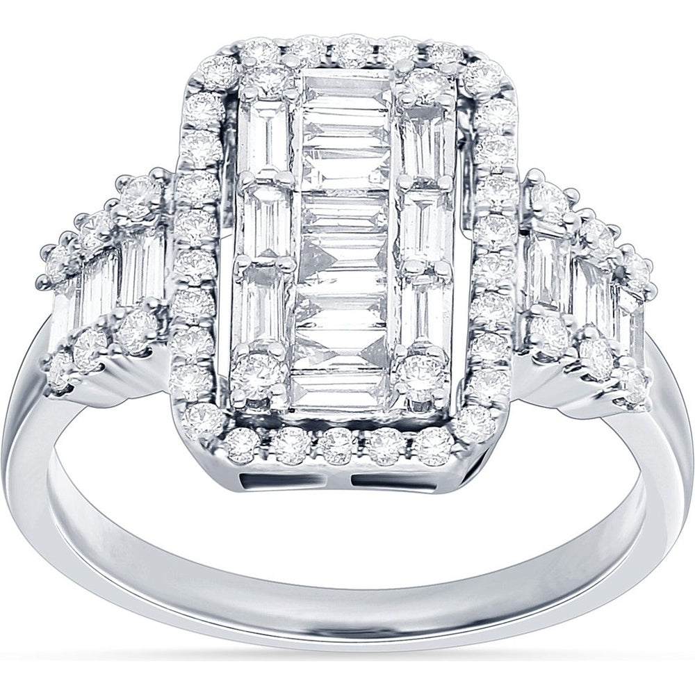 14K White Gold Geometric Cluster Fashion Ring with Baguette and Round Diamonds - 1.06 Carat Total Diamond Weight by Auriventus