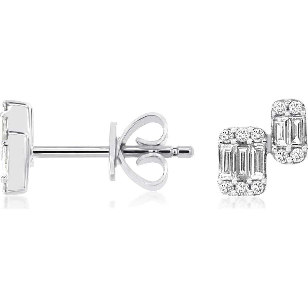 14K White Gold Geometric Cluster Stud Earrings with Baguette and Round Diamonds - 0.24 Carat Total Diamond Weight - Royal Jewelry
