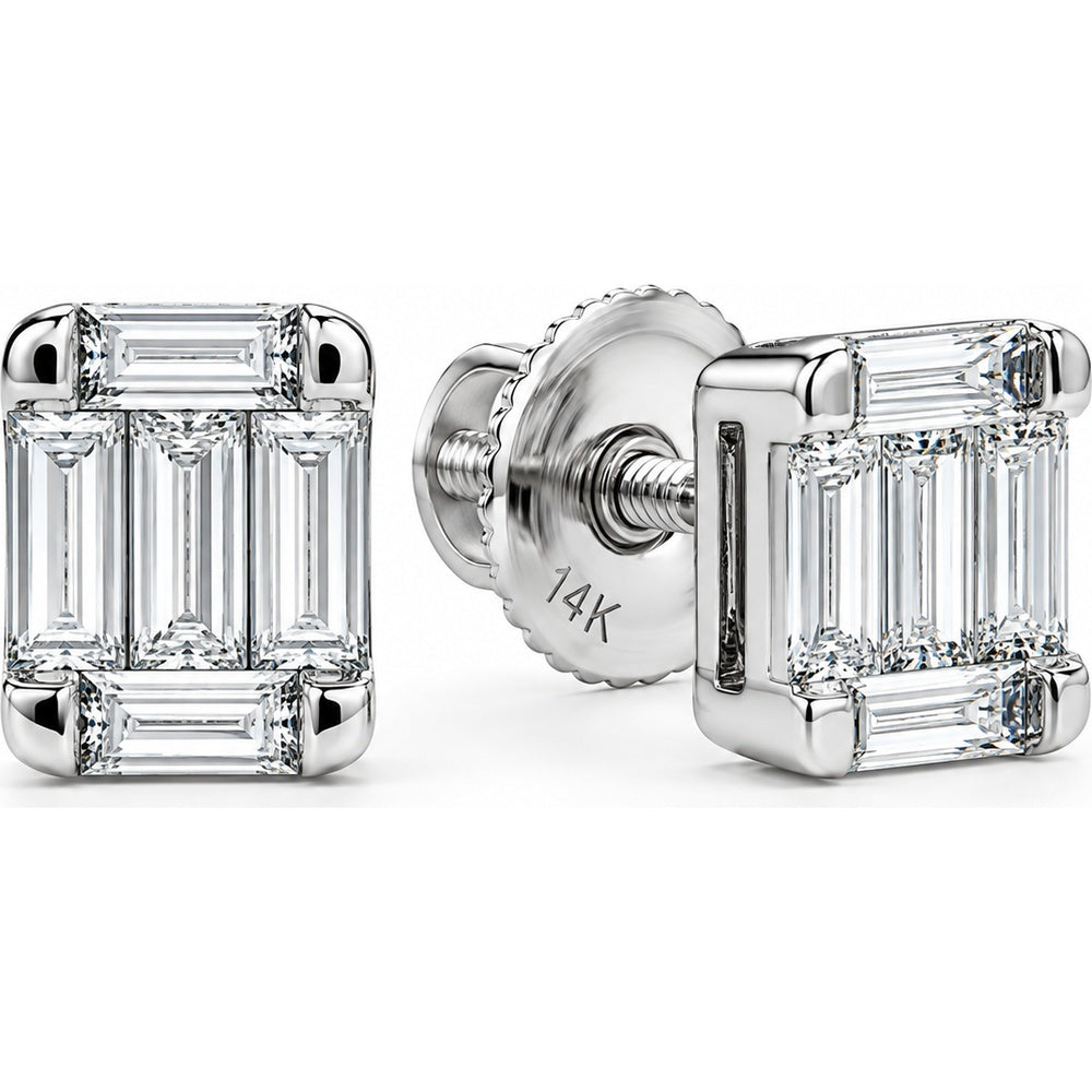 14K White Gold Geometric Cluster Stud Earrings with Baguette and Round Diamonds - 0.27 Carat Total Diamond Weight by Auriventus