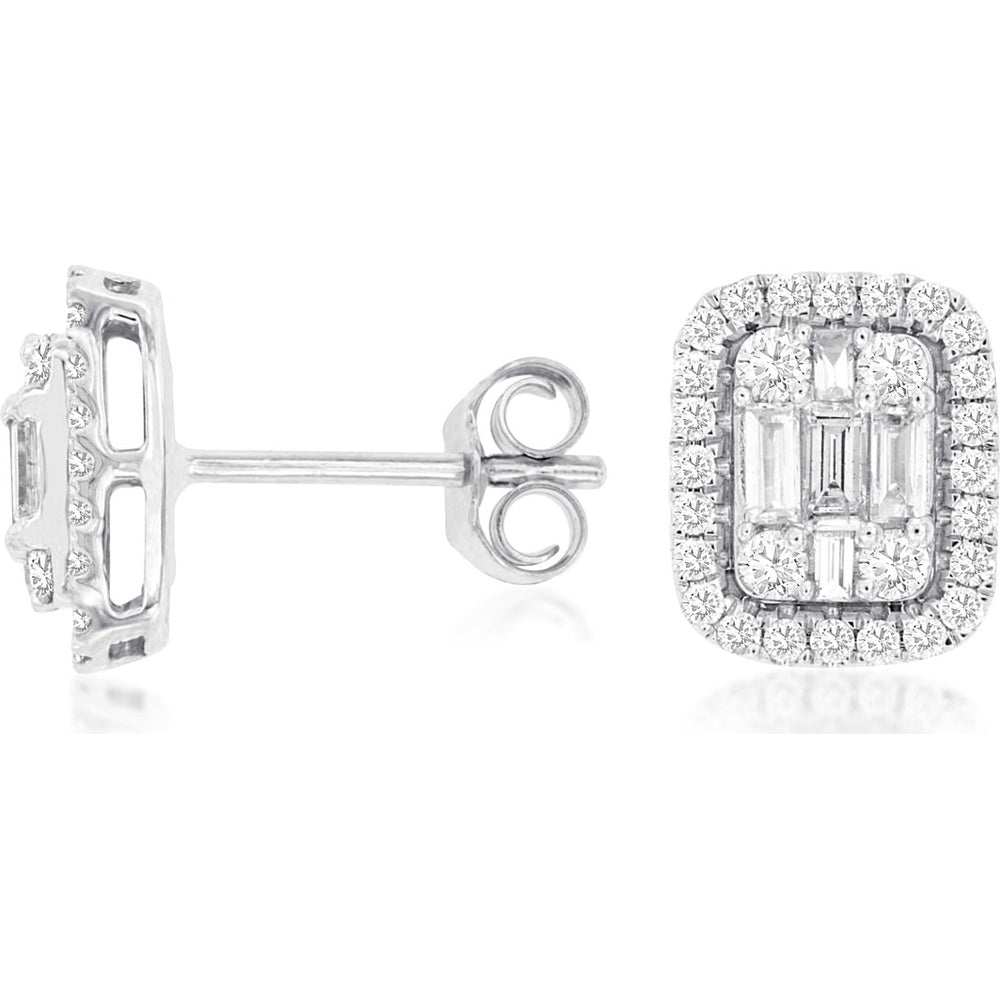 14K White Gold Geometric Cluster Stud Earrings with Baguette and Round Diamonds in a Halo Setting - 0.77 Carat Total Diamond Weight - Royal Jewelry
