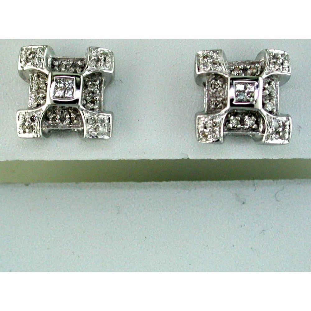 14K White Gold Geometric Cross Motif Stud Earrings with Pavé Set Round Diamonds - 0.22 Carat Total Diamond Weight - Royal Jewelry
