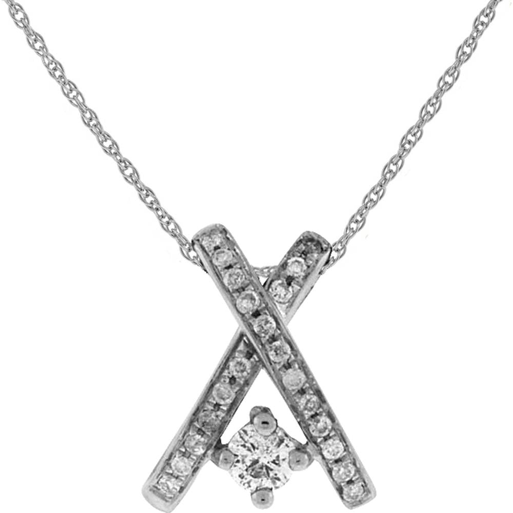 14K White Gold Geometric Crossed Bar Pendant with Round Diamonds - 0.15 Carat Total Diamond Weight - Royal Jewelry