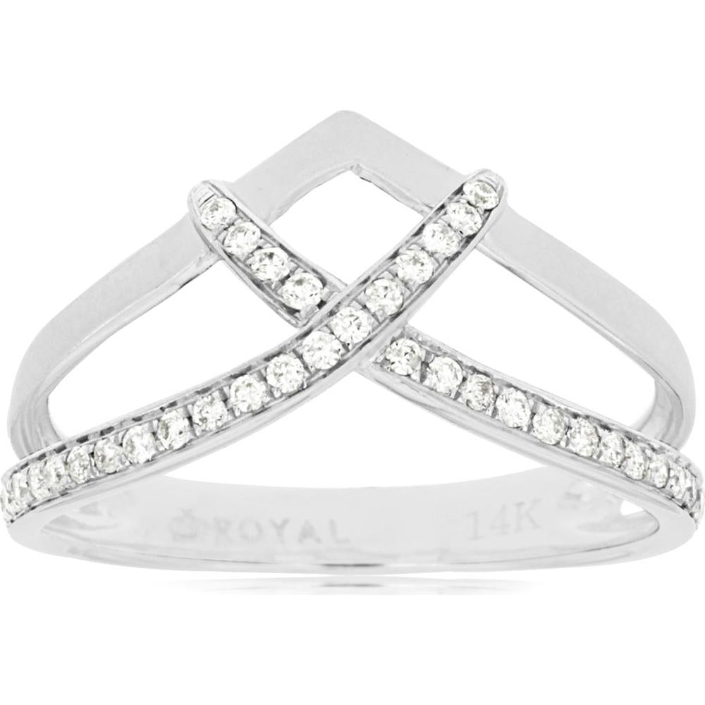 14K White Gold Geometric Crossover Ring with Shared-Prong Set Round Diamonds - 0.20 Carat Total Diamond Weight - Royal Jewelry
