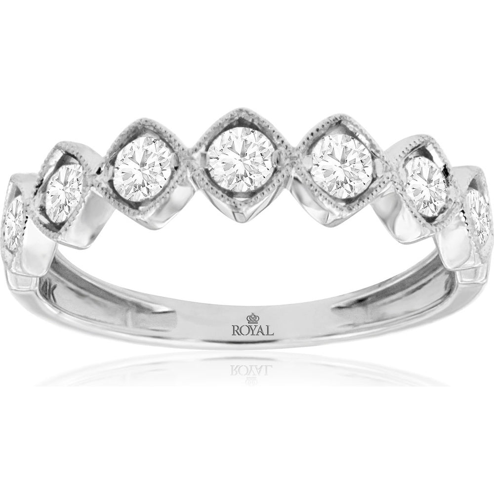 14K White Gold Geometric Diamond Band with Milgrain Detail - 0.50 Carat Total Diamond Weight - Royal Jewelry