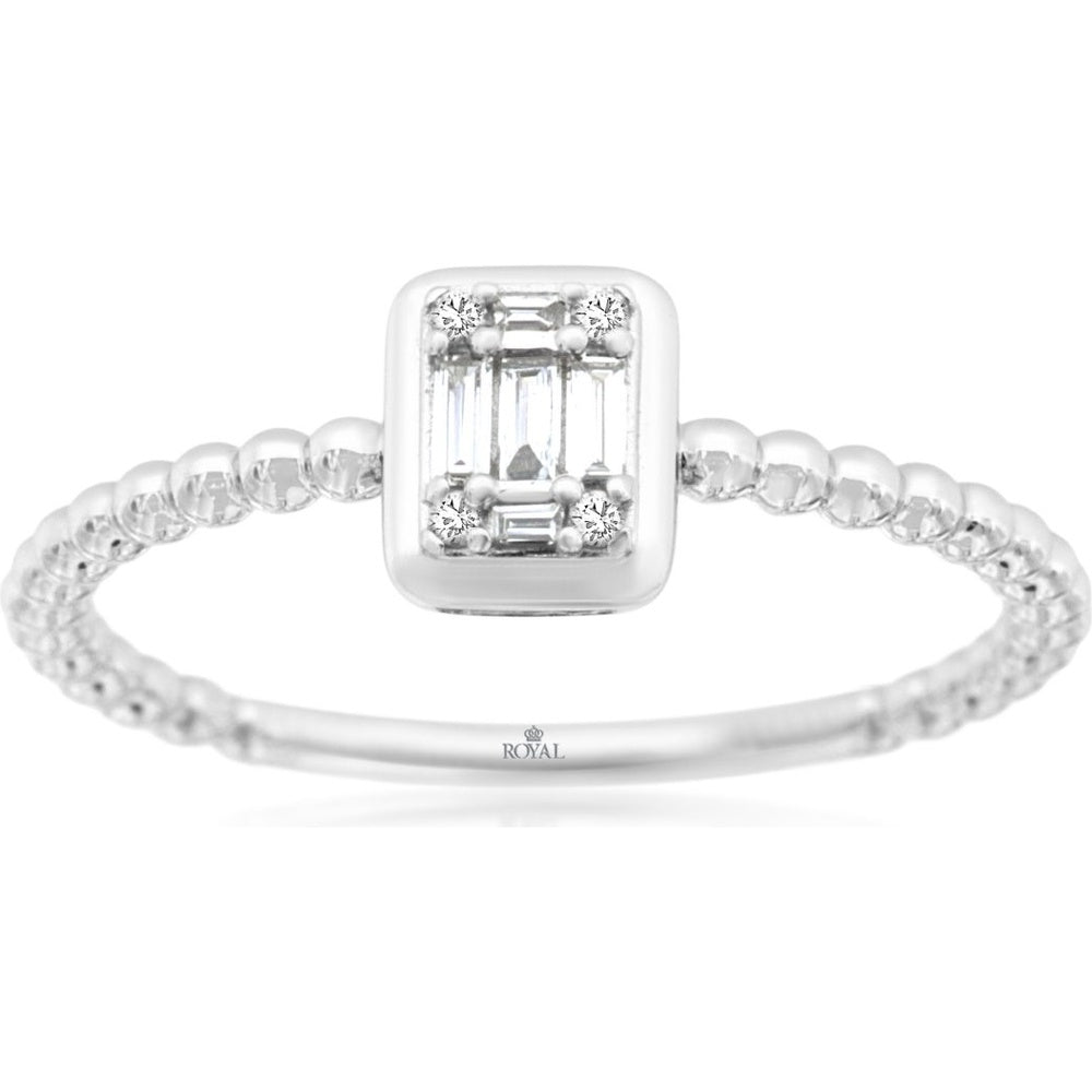 14K White Gold Geometric Diamond Cluster Ring with Beaded Shank and Baguette Accents - 0.10 Carat Total Diamond Weight - Royal Jewelry