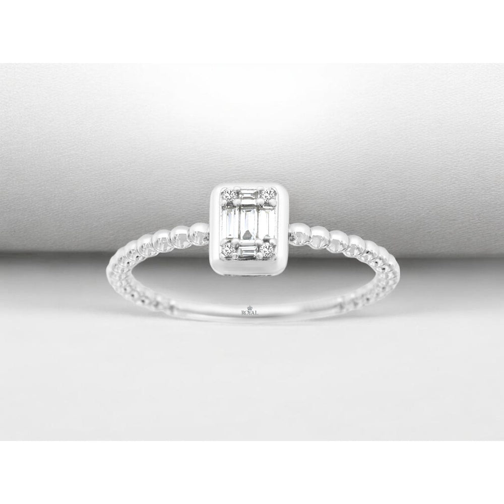 14K White Gold Geometric Diamond Cluster Ring with Beaded Shank and Baguette Accents - 0.10 Carat Total Diamond Weight - Royal Jewelry