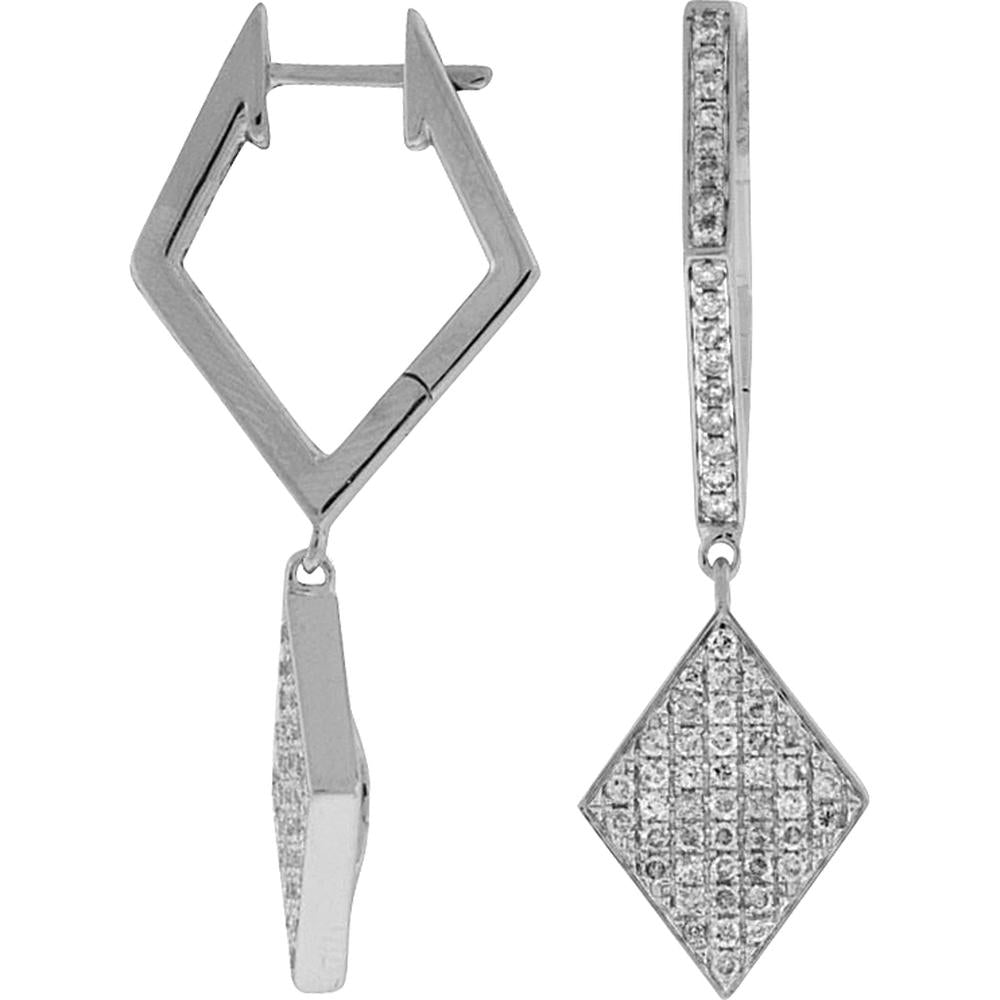 14K White Gold Geometric Diamond Drop Earrings with Pavé Set Round Brilliant Diamonds - 0.90 Carat Total Diamond Weight - Royal Jewelry