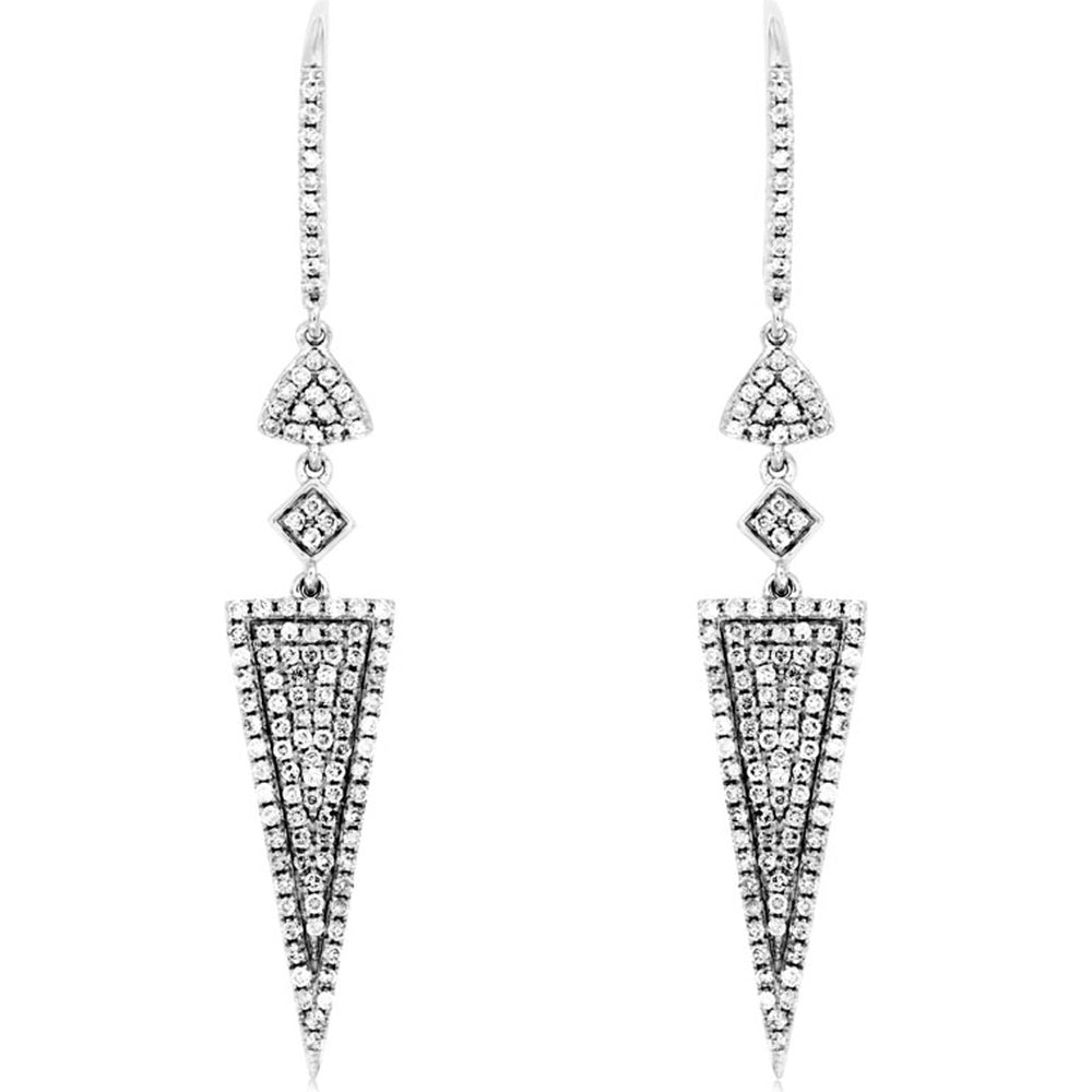 14K White Gold Geometric Diamond Drop Earrings with Pavé-Set Round Stones and Milgrain Detail - 0.66 Carat Total Diamond Weight - Royal Jewelry
