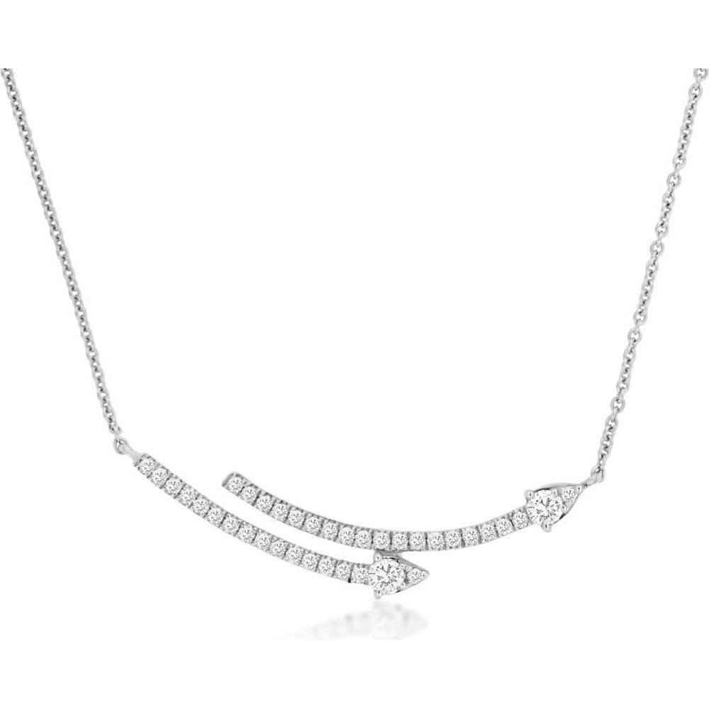 14K White Gold Geometric Double-Bar Curved Necklace with Prong-Set Round Diamonds - 0.21 Carat Total Diamond Weight - Royal Jewelry