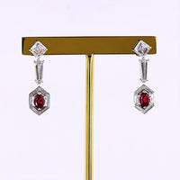 14K White Gold Geometric Drop Earrings with Asscher Cut Lab Diamonds, Baguette Diamonds, and Hexagonal Ruby Halo - 5.24 Carats Total Gem Weight - Covaloro Fine Jewelry