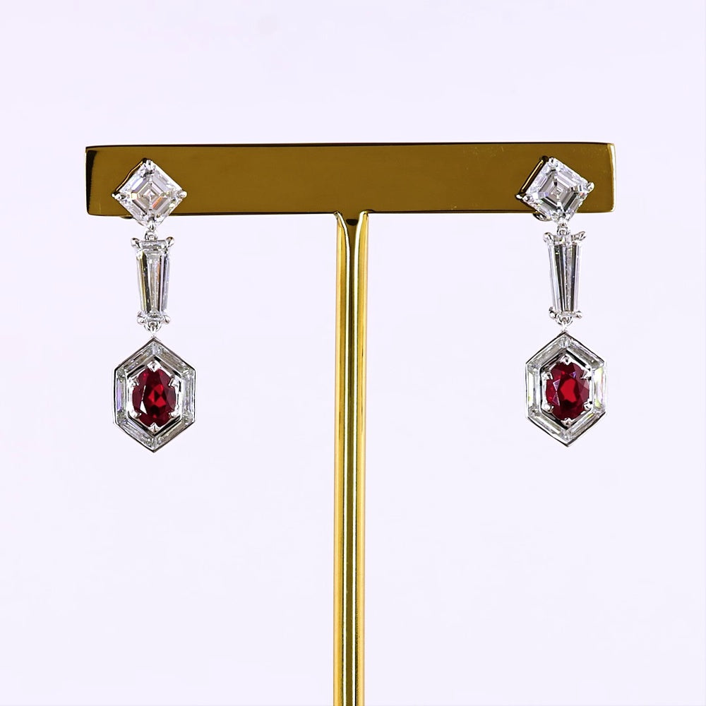 14K White Gold Geometric Drop Earrings with Asscher Cut Lab Diamonds, Baguette Diamonds, and Hexagonal Ruby Halo - 5.24 Carats Total Gem Weight - Covaloro Fine Jewelry