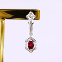 14K White Gold Geometric Drop Earrings with Asscher Cut Lab Diamonds, Baguette Diamonds, and Hexagonal Ruby Halo - 5.24 Carats Total Gem Weight - Covaloro Fine Jewelry