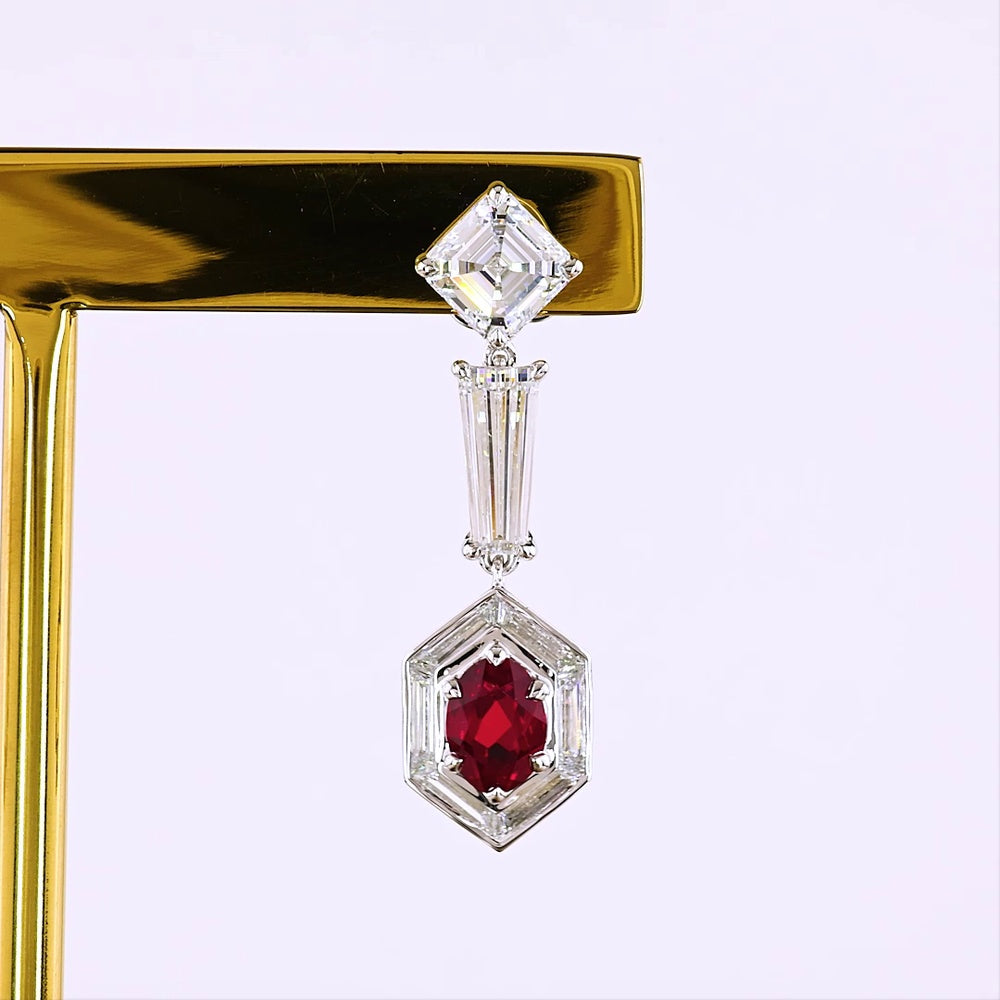 14K White Gold Geometric Drop Earrings with Asscher Cut Lab Diamonds, Baguette Diamonds, and Hexagonal Ruby Halo - 5.24 Carats Total Gem Weight - Covaloro Fine Jewelry