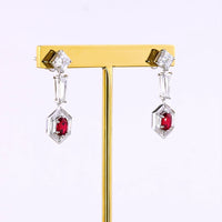 14K White Gold Geometric Drop Earrings with Asscher Cut Lab Diamonds, Baguette Diamonds, and Hexagonal Ruby Halo - 5.24 Carats Total Gem Weight - Covaloro Fine Jewelry