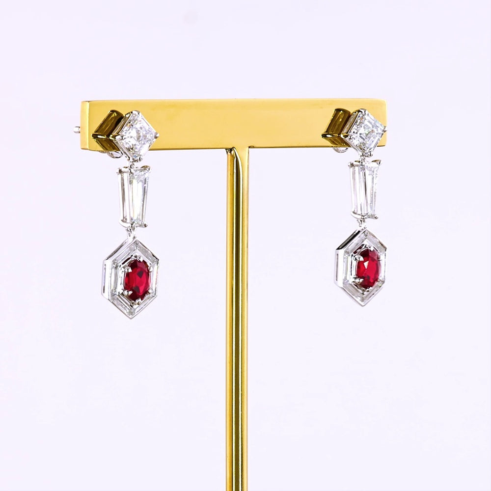 14K White Gold Geometric Drop Earrings with Asscher Cut Lab Diamonds, Baguette Diamonds, and Hexagonal Ruby Halo - 5.24 Carats Total Gem Weight - Covaloro Fine Jewelry