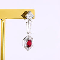 14K White Gold Geometric Drop Earrings with Asscher Cut Lab Diamonds, Baguette Diamonds, and Hexagonal Ruby Halo - 5.24 Carats Total Gem Weight - Covaloro Fine Jewelry