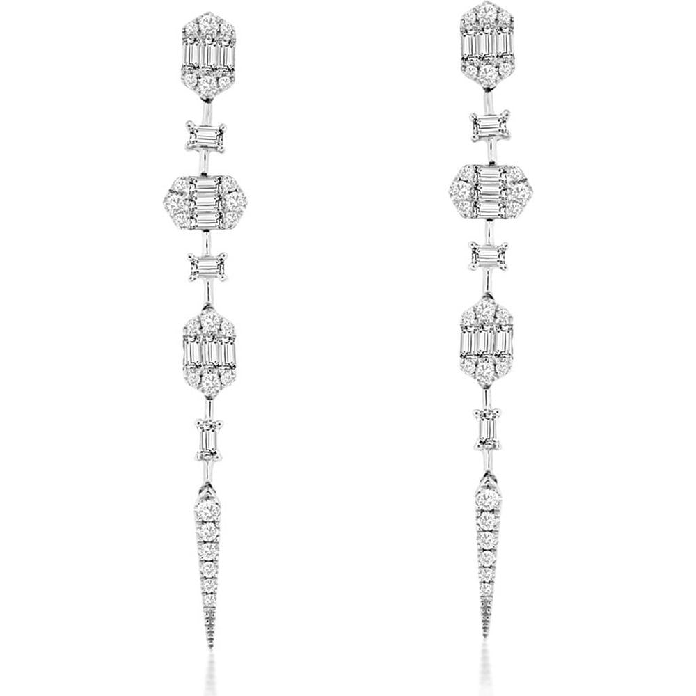 14K White Gold Geometric Drop Earrings with Baguette and Pave Round Diamonds - 0.59 Carat Total Diamond Weight - Royal Jewelry