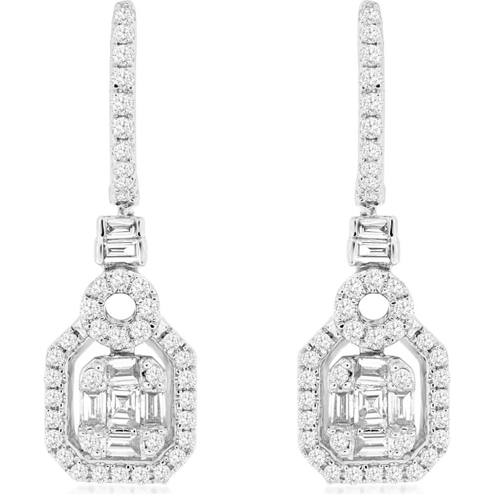 14K White Gold Geometric Drop Earrings with Baguette and Round Diamond Cluster Halo - 0.70 Carat Total Diamond Weight - Royal Jewelry