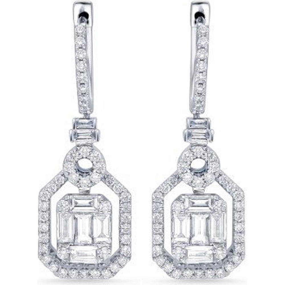 14K White Gold Geometric Drop Earrings with Emerald Cut and Baguette Diamonds - 1.65 Carat Total Diamond Weight by Auriventus