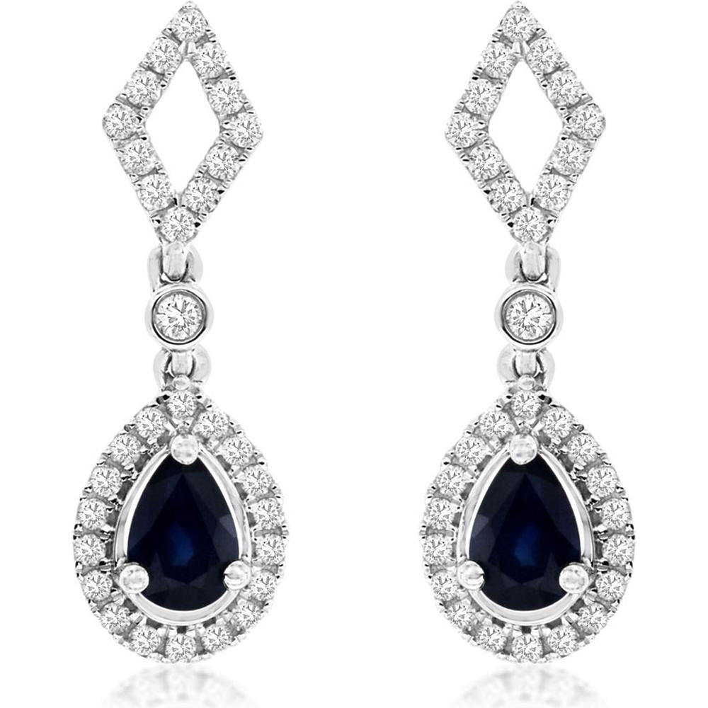 14K White Gold Geometric Drop Earrings with Pear Shaped Sapphires and Round Diamond Halos - 1.06 Carat Total Sapphire Weight, 0.48 Carat Total Diamond Weight - Royal Jewelry