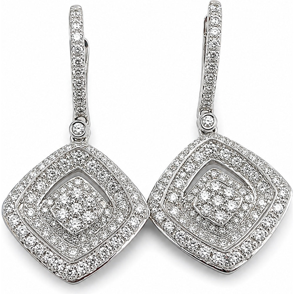 14K White Gold Geometric Drop Earrings with Prong-Set Round Diamonds and Milgrain Detail - 1.58 Carat Total Diamond Weight by Auriventus