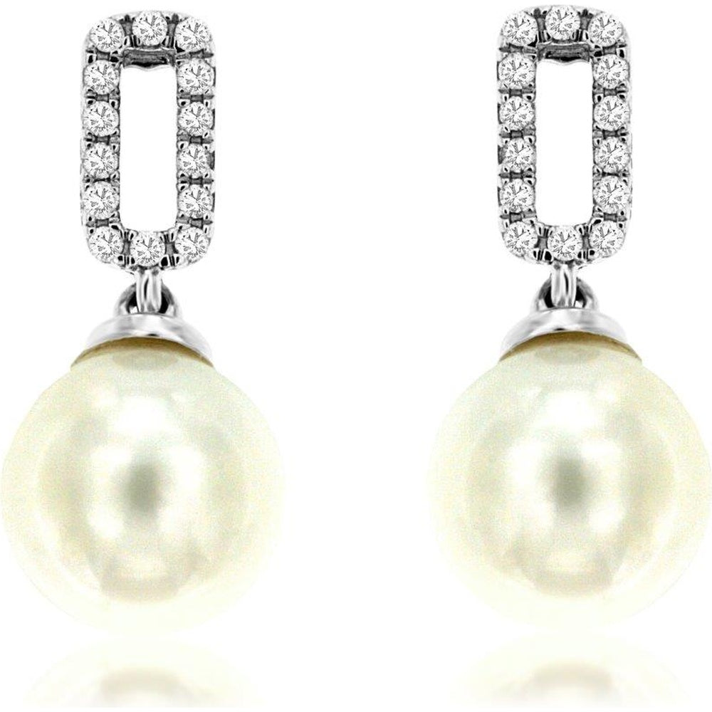 14K White Gold Geometric Drop Earrings with Round Diamond Accents and Cultured Pearls - 0.10 Carat Total Diamond Weight - Royal Jewelry